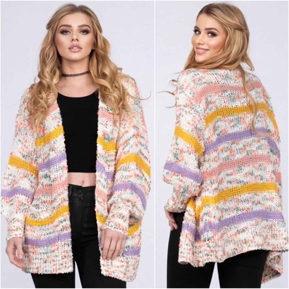 1 LEFT! Speckled Knit Women's Stripe Confetti Warm Fall Women's Cardigan Sweater - Picture 5 of 5